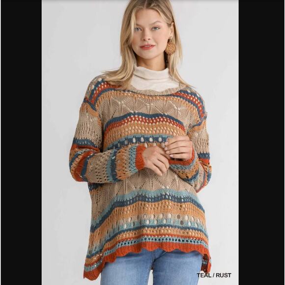 Umgee Multicolor Crochet Stripe Pullover Sweater With Scalloped Hem - Picture 1 of 12